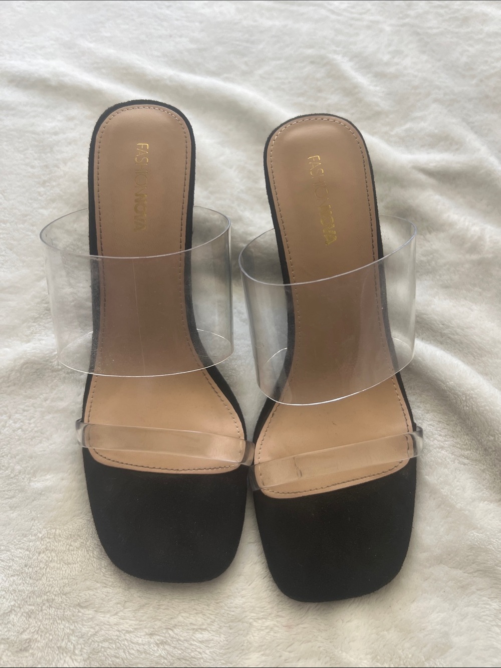 Fashion Nova Black Slide Mules with Clear Straps